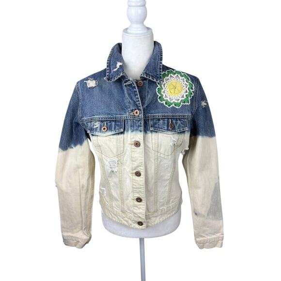 Gap Jacket Womens Size M Blue Ombre Crochet Boho Distressed Upcycled Trucker - Picture 10 of 14